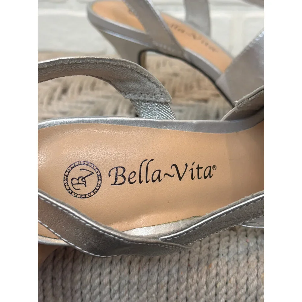 Bella Vita Metallic Silver Leather Slingback Pumps Size 8